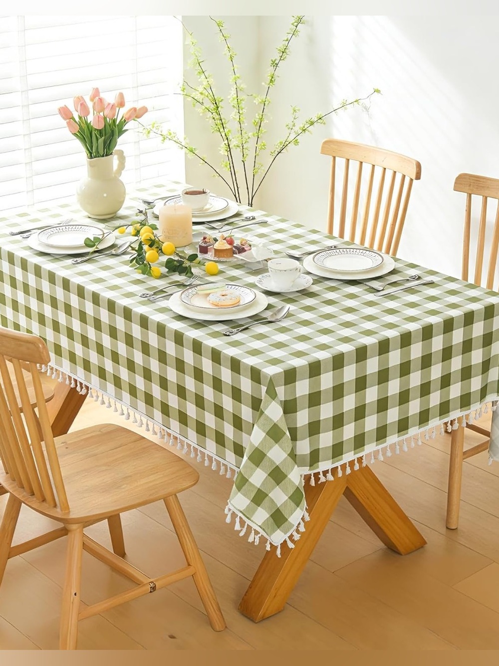 Green Gingham Tablecloth with Tassel Trim - 52x70 inches Home Dining